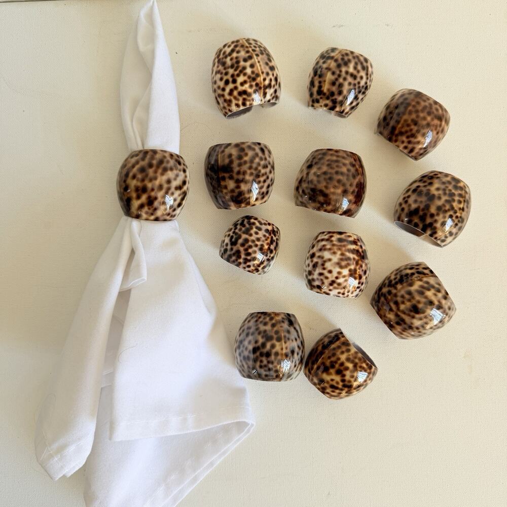 Set of 12 Vintage Cowrie Shell Napkin Ring Brown Spotted Coastal Beach Decor